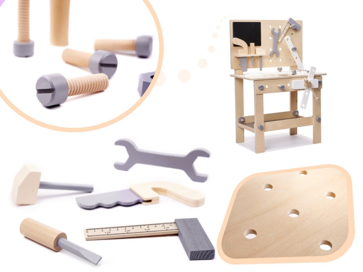 Zestaw majsterkowicza - drewniany warsztat z narzędziami na stoliku
