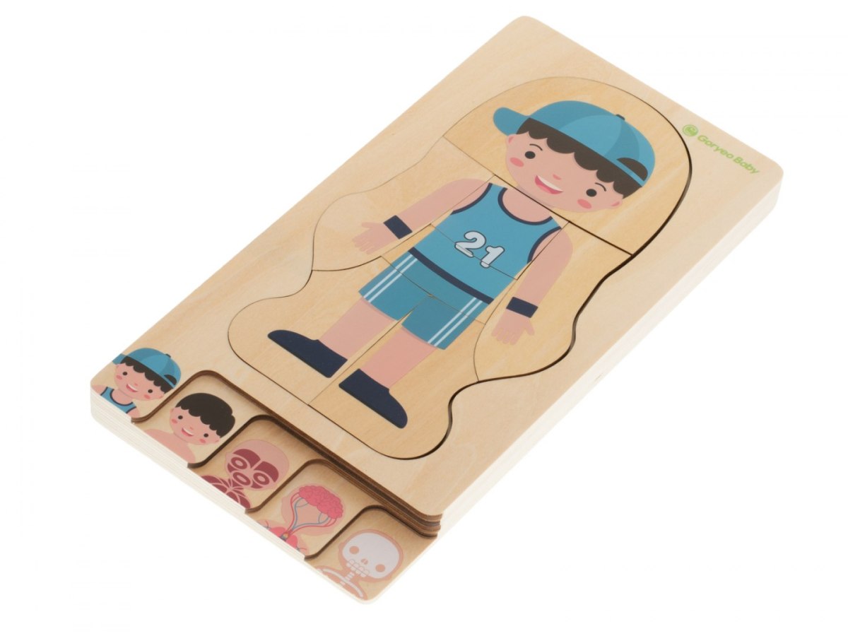 Puzzle drewniane warstwowe - budowa ciała (chłopiec) montessori