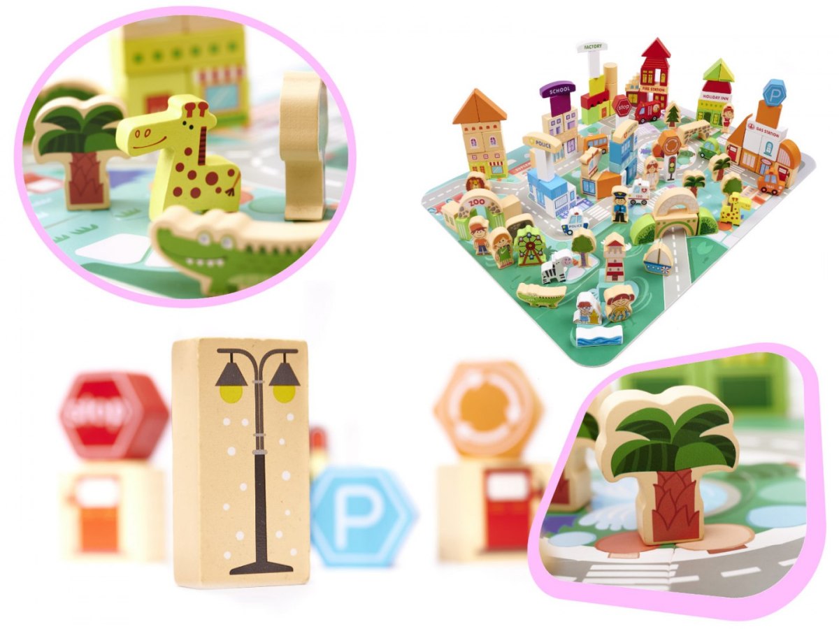 Klocki drewniane + puzzle - miasto (120 elementów)